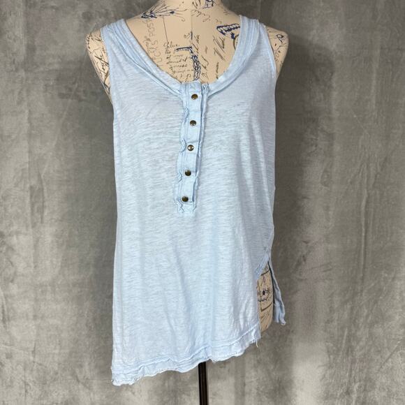 We the Free People Scoop Neck Tank Top Size Small Blue Relax Raw Edge Trim Snap - Picture 2 of 10